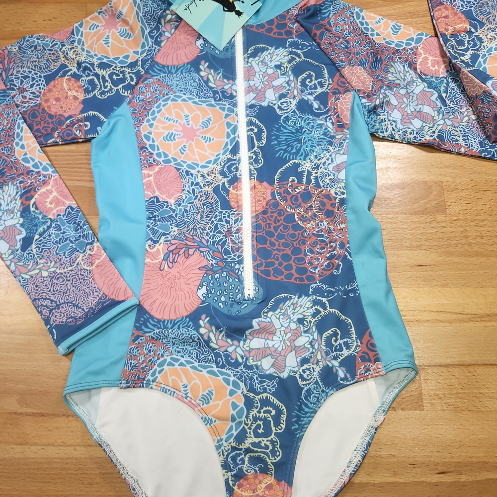 Nwt Girls Size 10 Floral King Of Redonda Kidslong Sleeved Rashguard Swimsuit